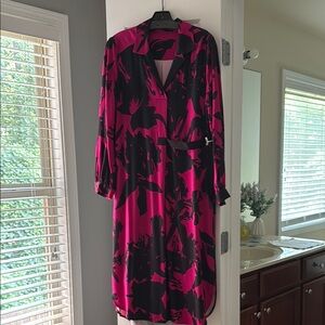Pink and Black V-Neck Wrap Dress with Bishop Sleeves